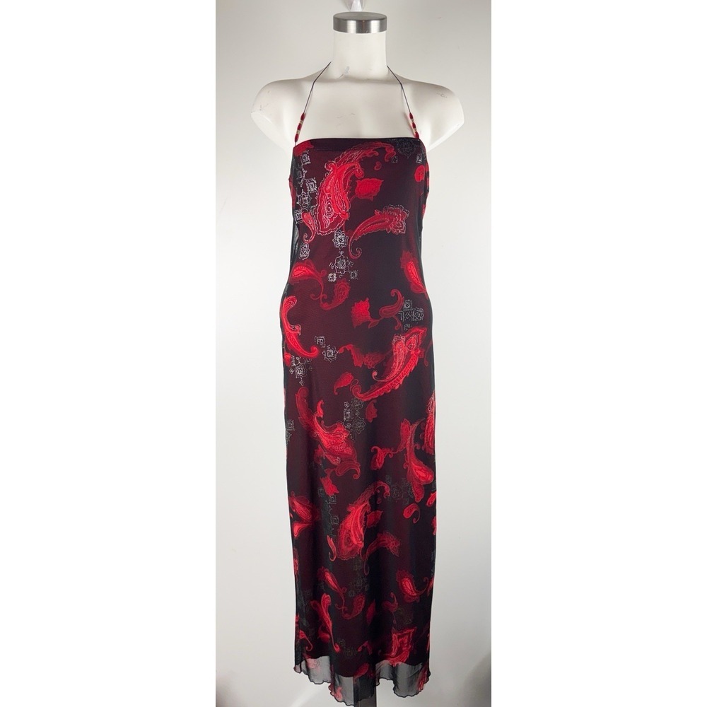 Vintage Y2K Mesh Overlay Maxi Dress Red Black S/M Grunge Whimsigoth Halter